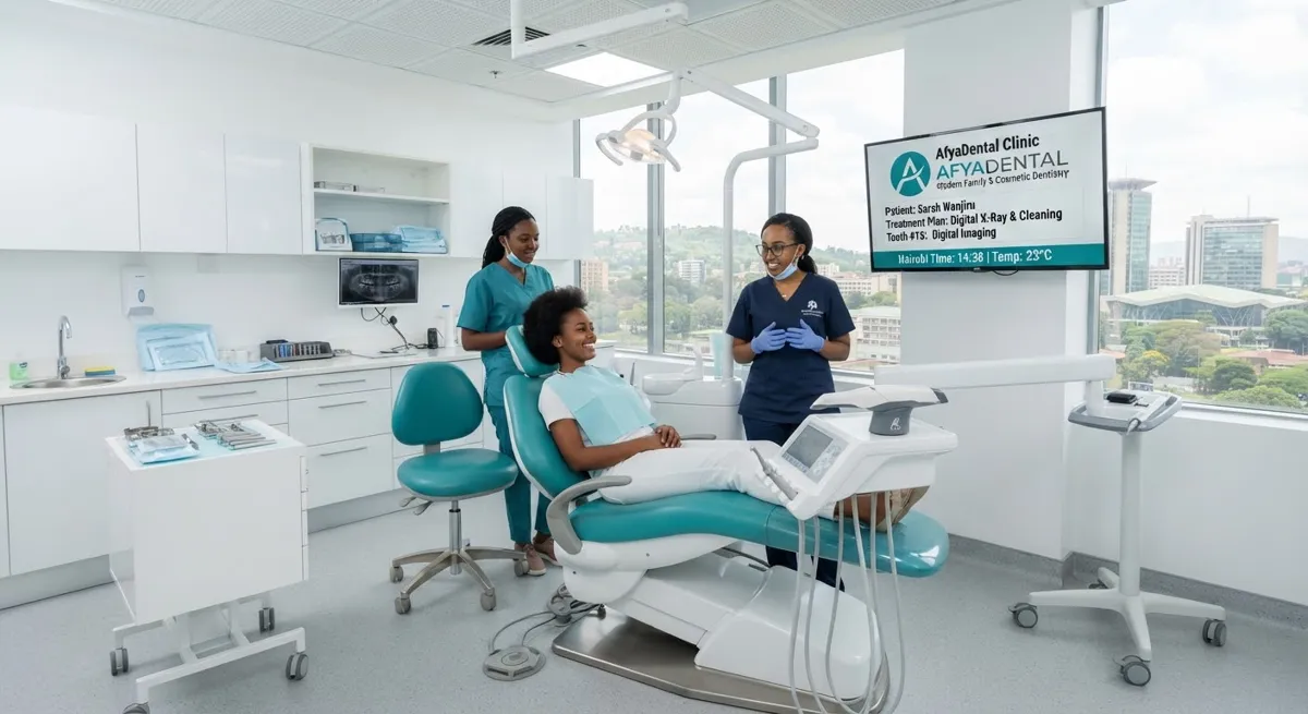 Modern high-tech dental surgery room with immaculate ergonomic teal dental chair, digital intraoral screen displays, sterile clean hygiene environment in Nairobi