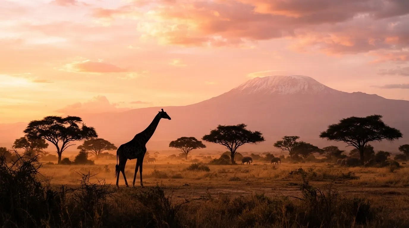 Amboseli savanna sunset landscape with giraffe and Mount Kilimanjaro