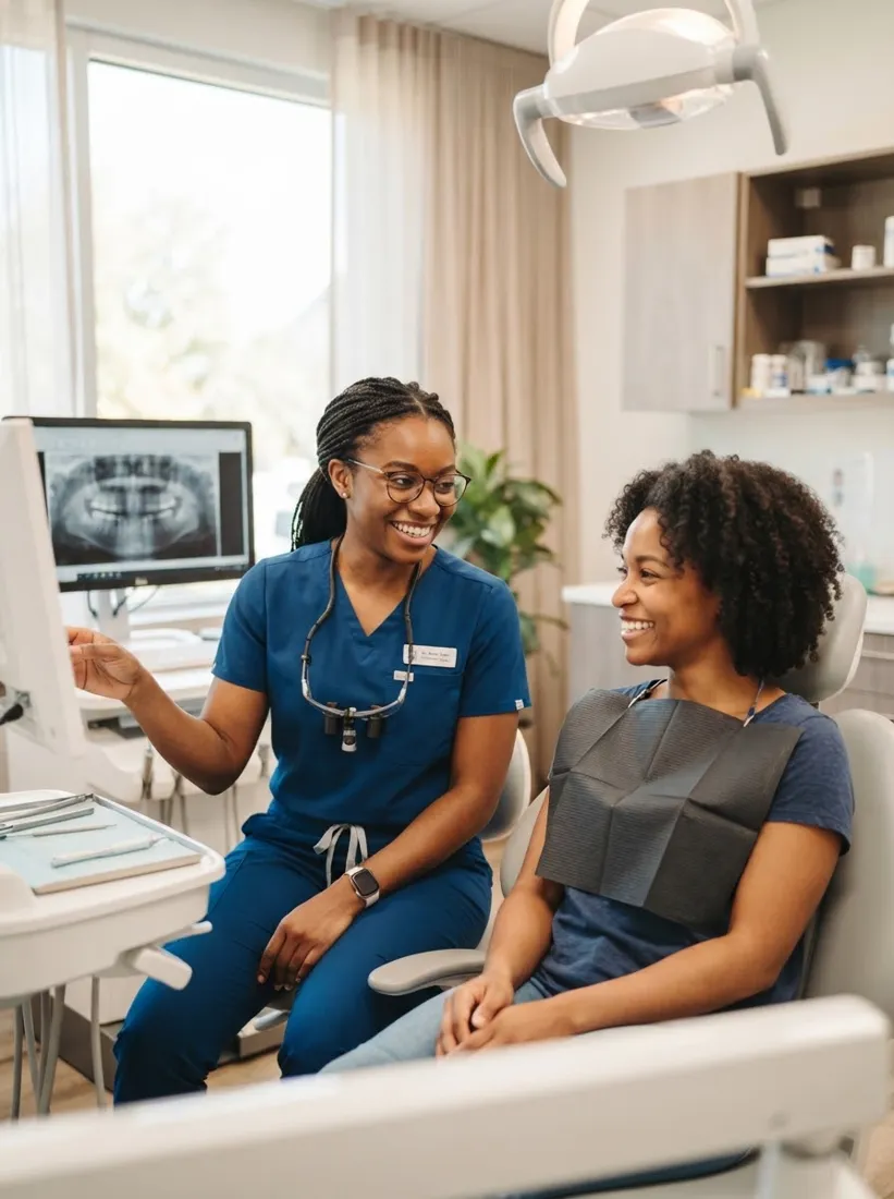 Black female dentist and patient consultation