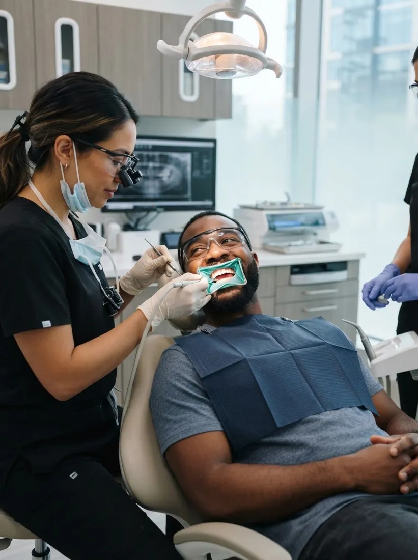 Black male dental patient in modern treatment chair