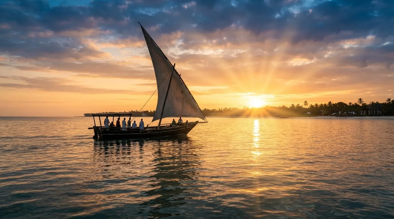 A traditional Swahili wooden dhow sailing into a golden tropical sunset off the coast of Kenya with sun rays reflecting on tranquil ocean waters.