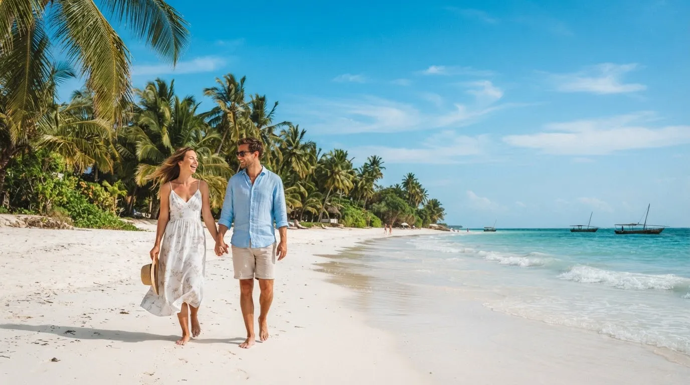 A couple walking hand in hand along the white sand of Diani Beach beneath palm trees