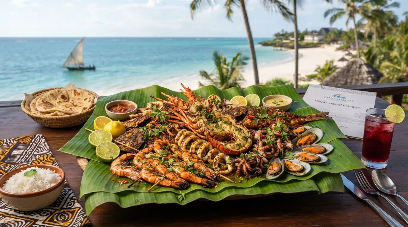 An extravagant coastal Swahili seafood platter with grilled jumbo tiger prawns, charred lobster, and fresh limes served on vibrant green banana leaves.