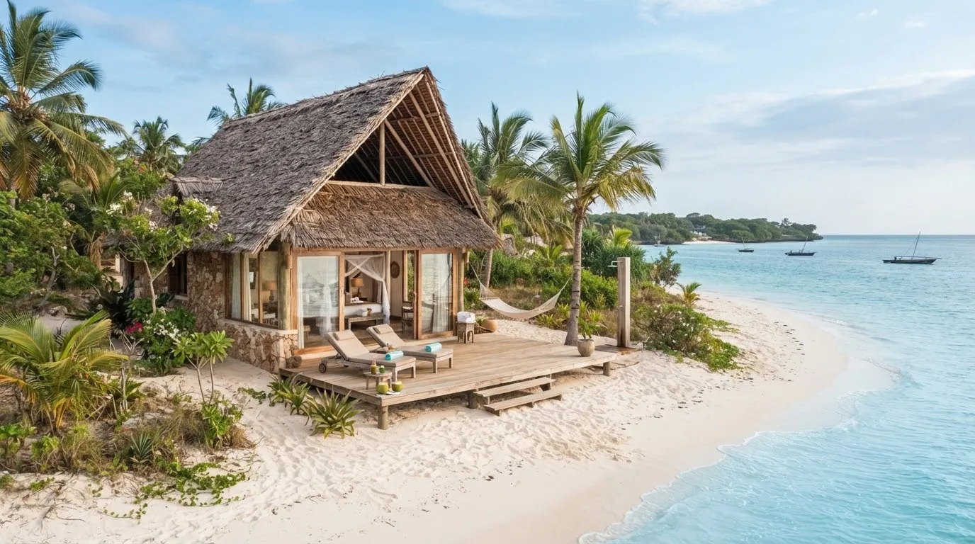 A luxurious beachfront thatched roof banda cottage nestled on the powder white sands of Chale Island Kenya with calm turquoise ocean water and lush coastal palm vegetation.
