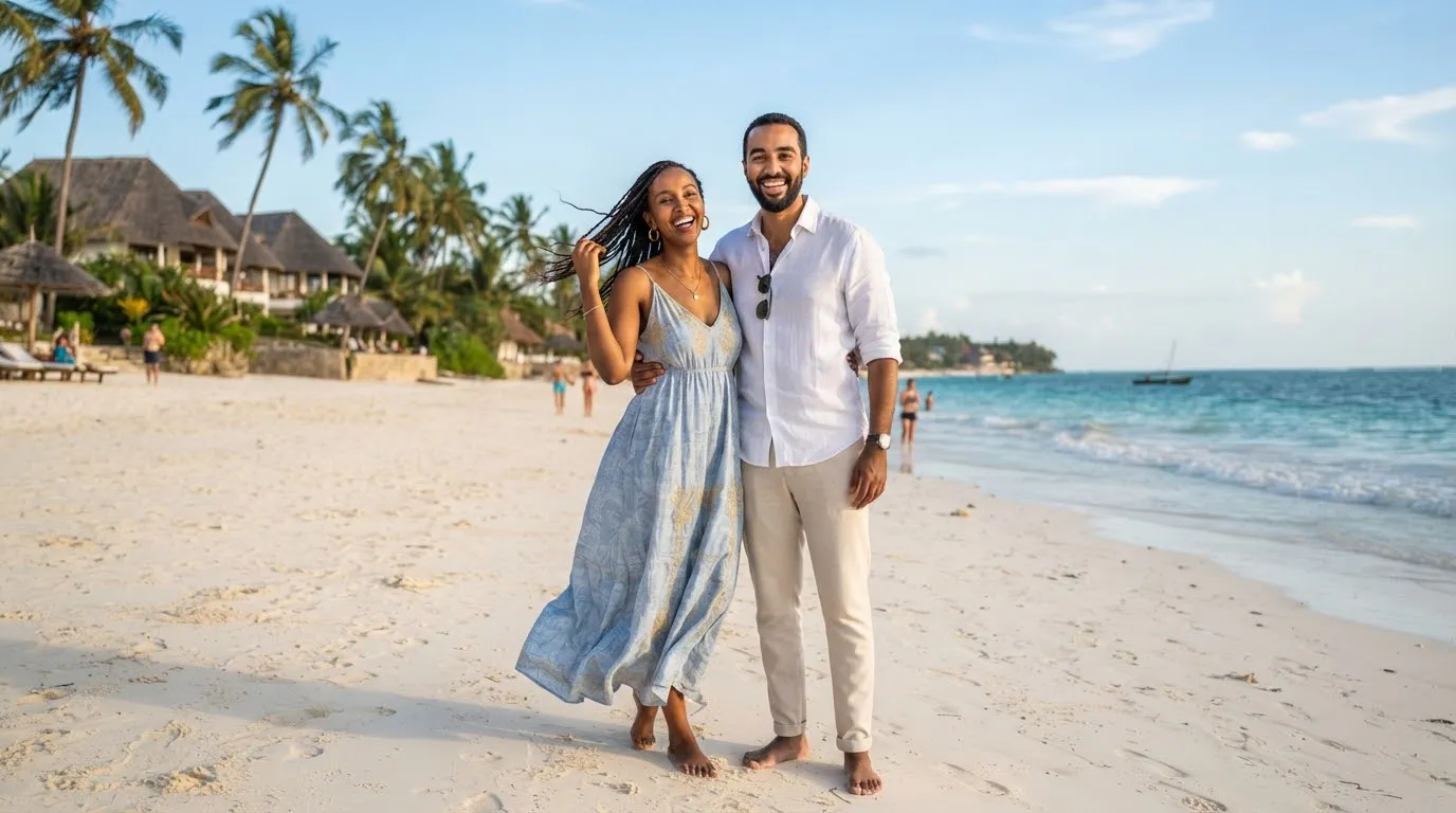 Portrait of Amina and Tariq El-Sayed a cheerful couple in elegant summer resort clothing enjoying tropical coastal breezes.