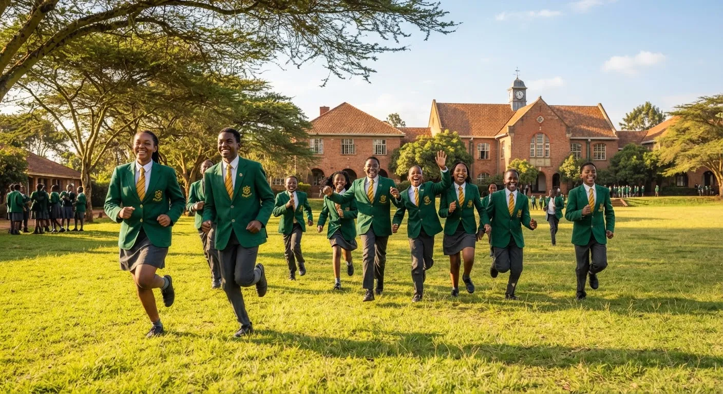 Kenyan primary and secondary students smiling joyfully in crisp emerald green academy blazers with gold ties running across a sun-drenched Karen school sports field under canopy acacia trees with historical red-brick hall in the distance under a warm Nairobi morning sunlight.
