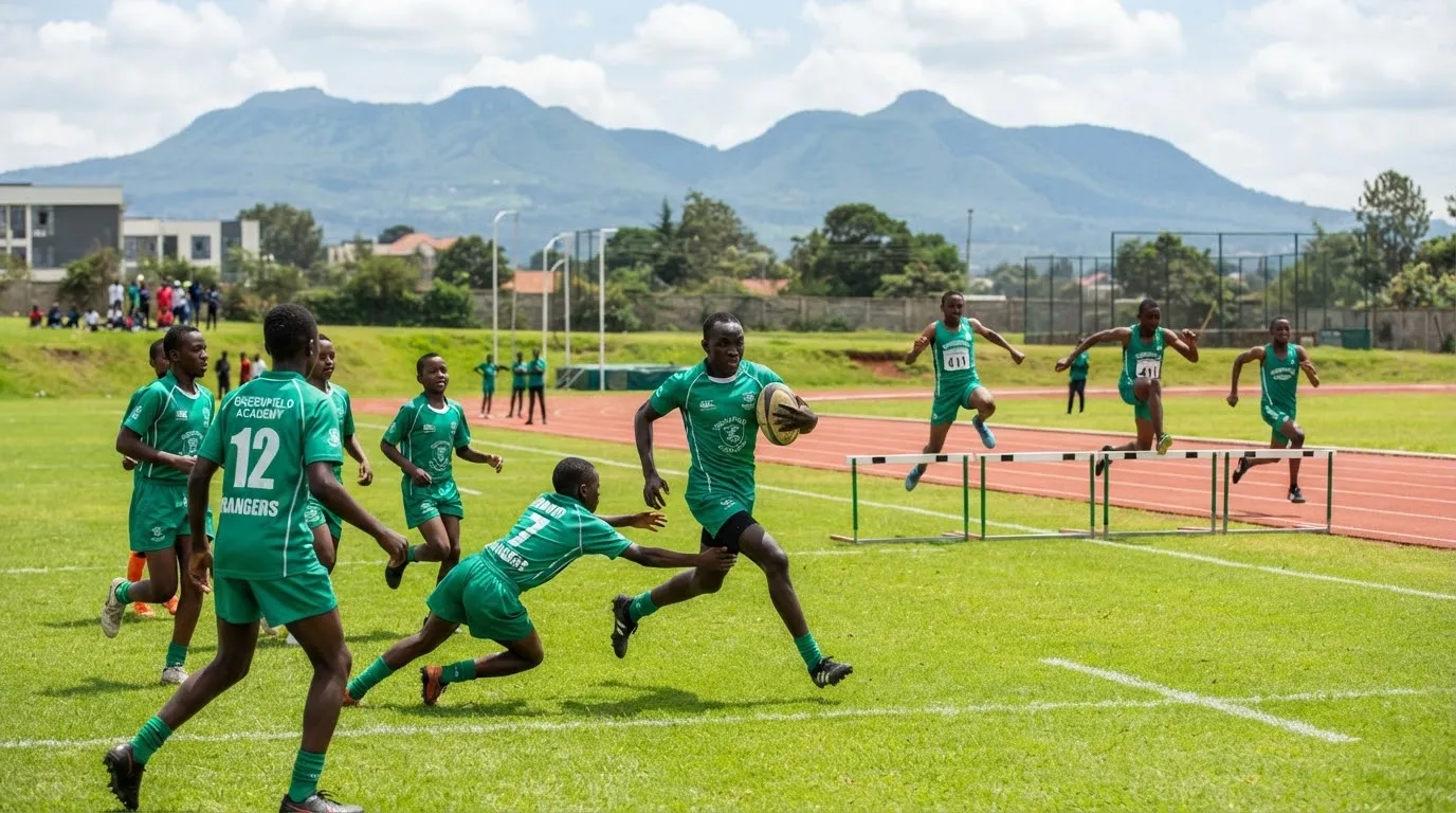 Secondary boys rugby and track athletes in bright emerald sports kits on manicured green grass playing field with silhouettes of Ngong Hills in distance.