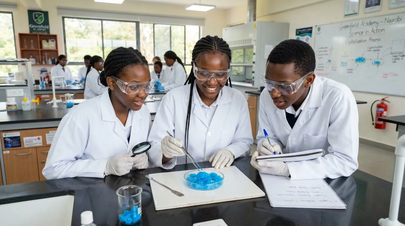 High school science students in lab coats and safety goggles examining bright blue copper sulphate crystals in a modern science laboratory.