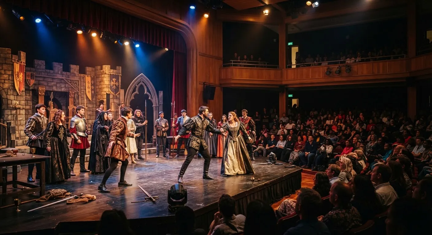 Students performing on stage in a full auditorium theatre during the annual Shakespeare drama production with rich stage lighting and costumes.