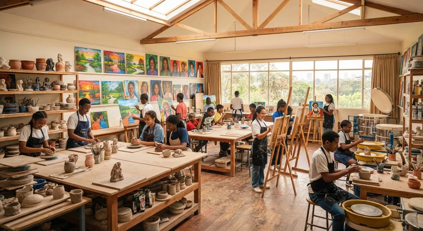 Spacious sunlit fine arts studio with student ceramic pottery, vibrant acrylic canvas paintings, and easel stands under skylights.