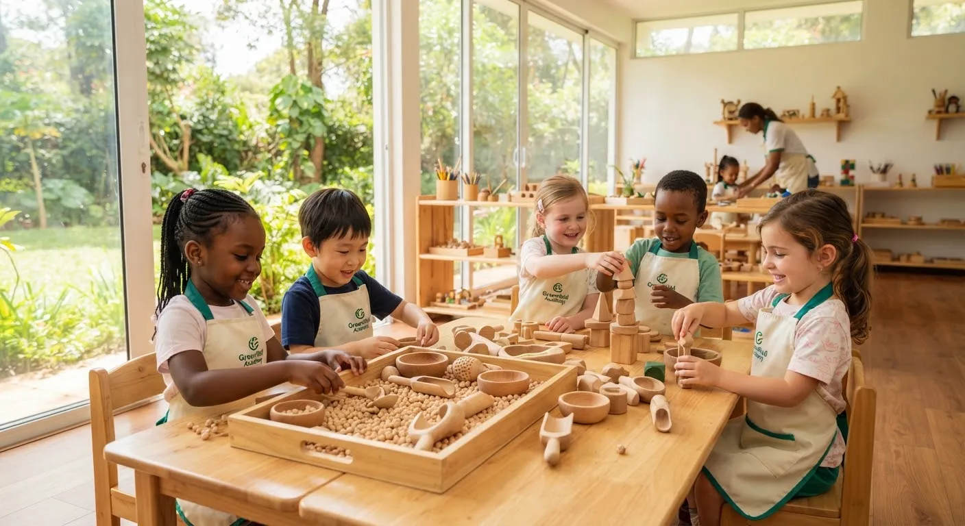 Cheerful early childhood multicultural children in soft cream and emerald aprons engaged in sensory wooden play in an airy Karen sunlit atelier studio with floor to ceiling glass windows looking out to lush green gardens.