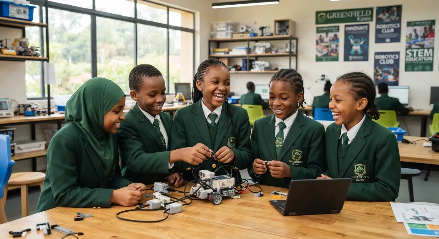 Young Kenyan primary school students in green academy blazers smiling enthusiastically while building a robotics machine inside an advanced technology lab at Greenfield Karen school campus.
