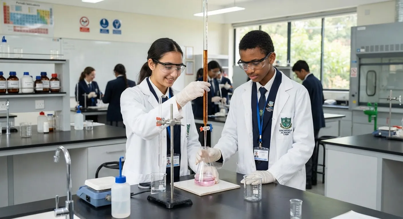 Focused secondary students in clean white lab coats and navy school blazers conducting chemistry titration experiment in modern well-lit science laboratory with amber glassware.