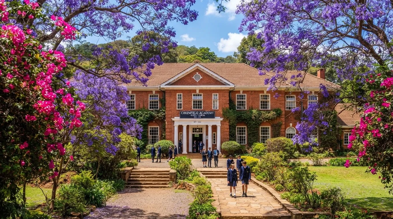 Historic red brick colonial styled academy hall framed with deep purple jacaranda blossoms and vibrant pink bougainvillea under brilliant East African Karen sunshine.
