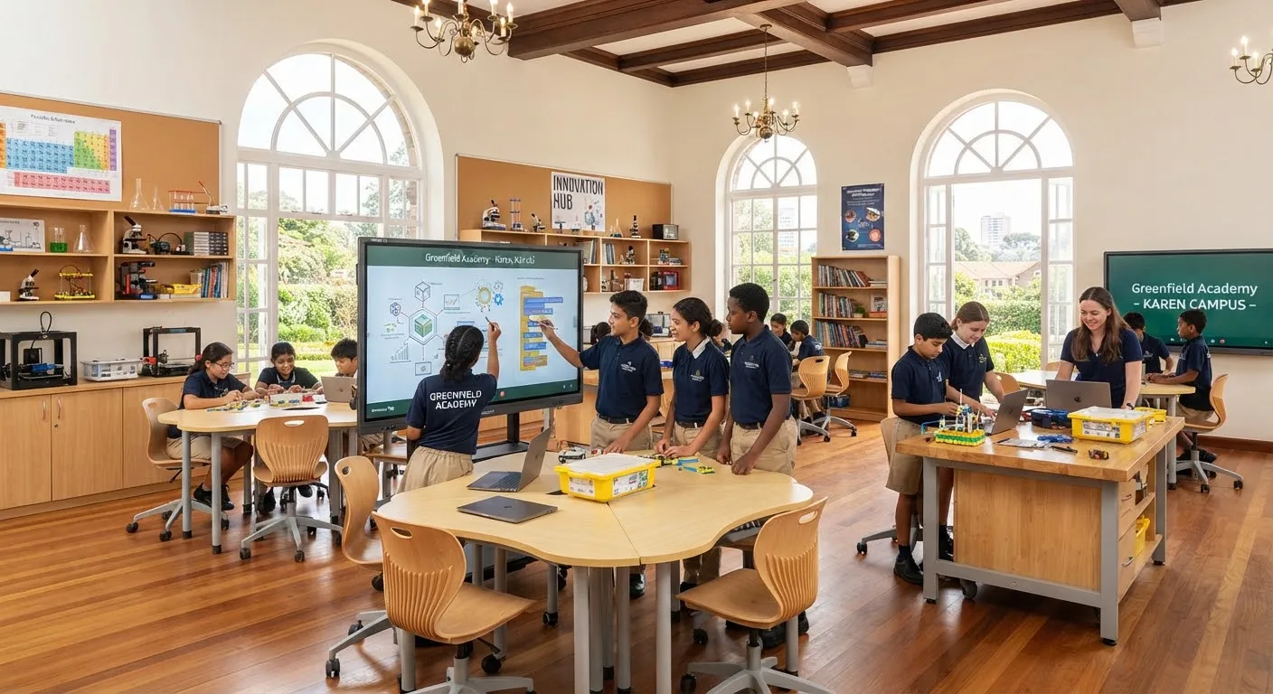 Modern collaborative STEM classroom with bright wooden furniture and interactive smart displays surrounded by high ceiling Karen colonial windows.