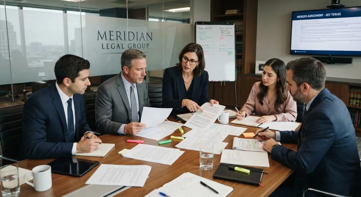 Lawyers gathered in meeting room analyzing contracts
