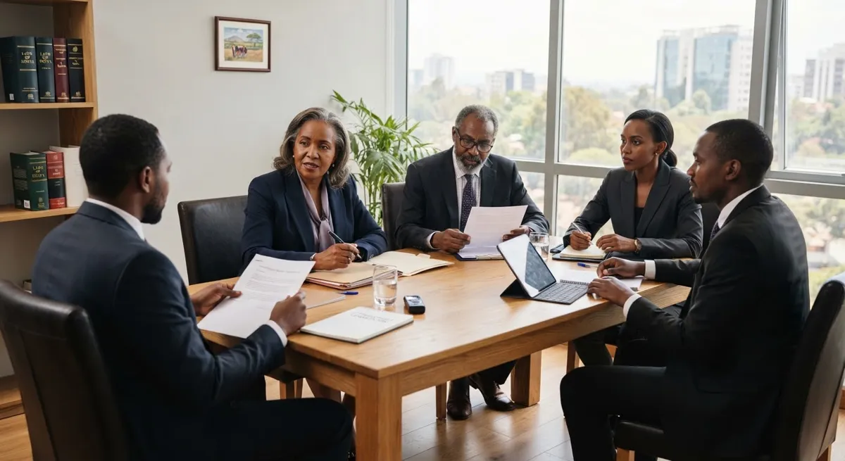Distinguished Kenyan Advocates in a minimalist sunlit consultation room