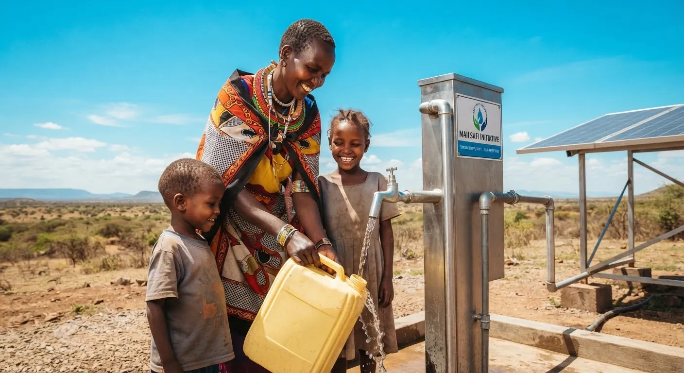 A documentary photo of a smiling Kenyan pastoralist mother and her two children in Turkana County standing beside a modern stainless steel hybrid solar borehole tap stand. Clear fresh water flows smoothly into a clean container under a vast, saturated azure Kenyan sky with an arid savannah horizon, illuminated by natural, warm sun-drenched documentary daylight in a respectful, high-contrast light mode civic aesthetic.