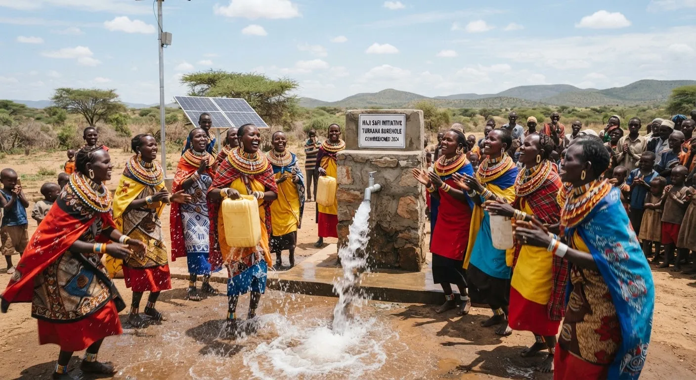 Documentary photography of joyous Kenyan community celebration around a freshly commissioned solar borehole tap in Turkana. Women in brightly colored dresses and beadwork celebrating clean rushing water under open savannah skies.