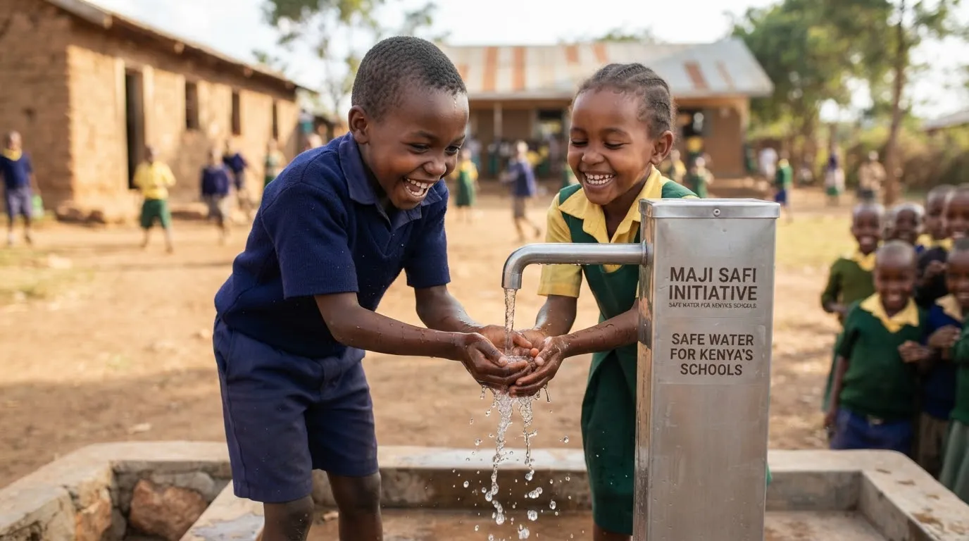 Heartwarming photojournalism image of two young Kenyan children eagerly cupping hands to drink pure sparkling fresh water from a stainless steel tap stand at a primary school in Kenya.