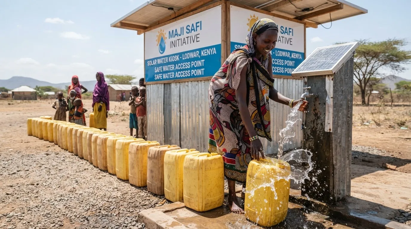 Editorial documentary photo of classic bright yellow 20-liter water jerrycans lined up in a neat queue at a solar water kiosk in Lodwar Kenya, with clear water splashing briskly into a container.