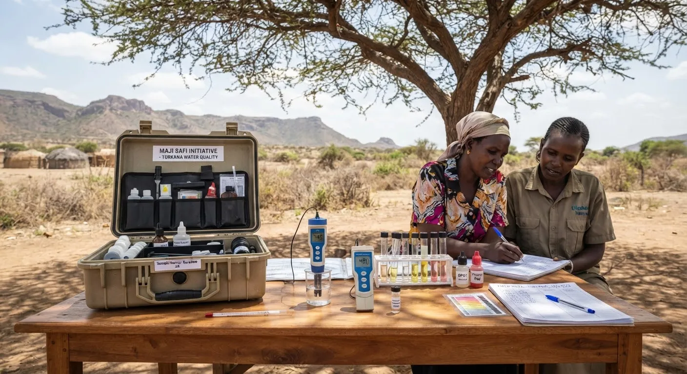 Scientific field hydrology photo of a water testing field kit in Turkana Kenya with sterile test tubes, digital pH and conductivity meter resting on a clean field table under the shade of an acacia tree.