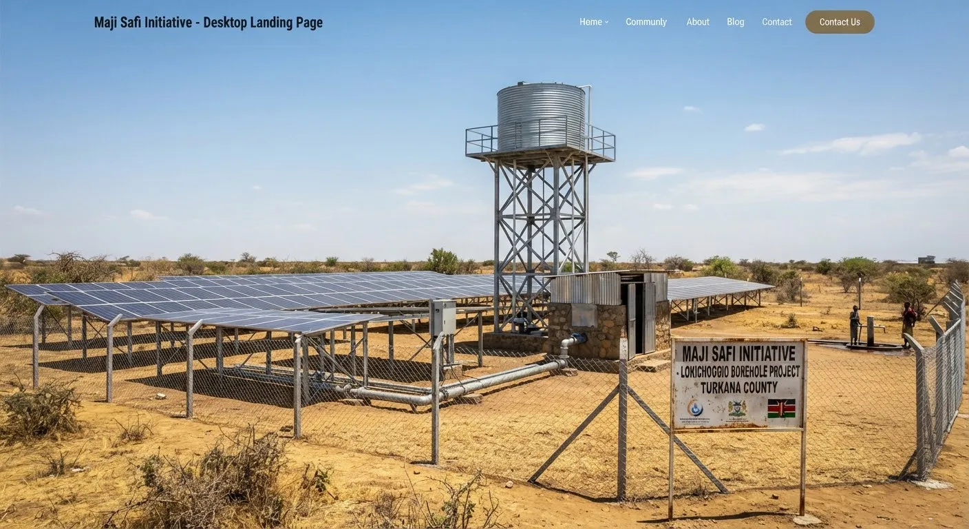 Documentary photograph of a deep aquifer solar array field and elevated borehole water storage tank in Turkana County, Kenya. High midday sunlight, crisp blue sky over a dusty yellow terrain with heavy galvanized pipework and solar tracking equipment installed with civic precision.