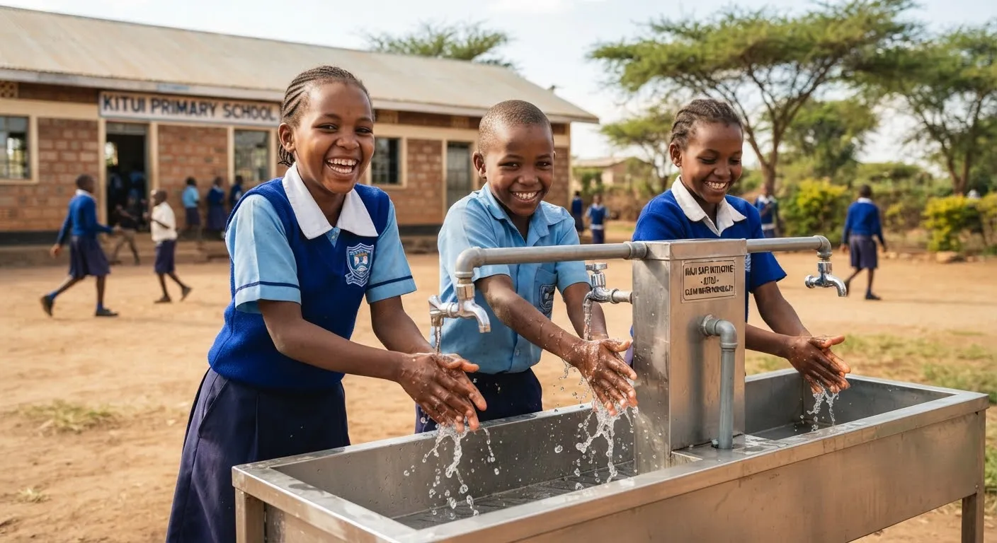 Editorial portrait of smiling Kenyan primary school pupils in neat blue uniforms washing hands at a newly built stainless steel hygiene station with push-taps. Clear splashing water, school building courtyard in Kitui Kenya, warm natural daylight and documentary realism.