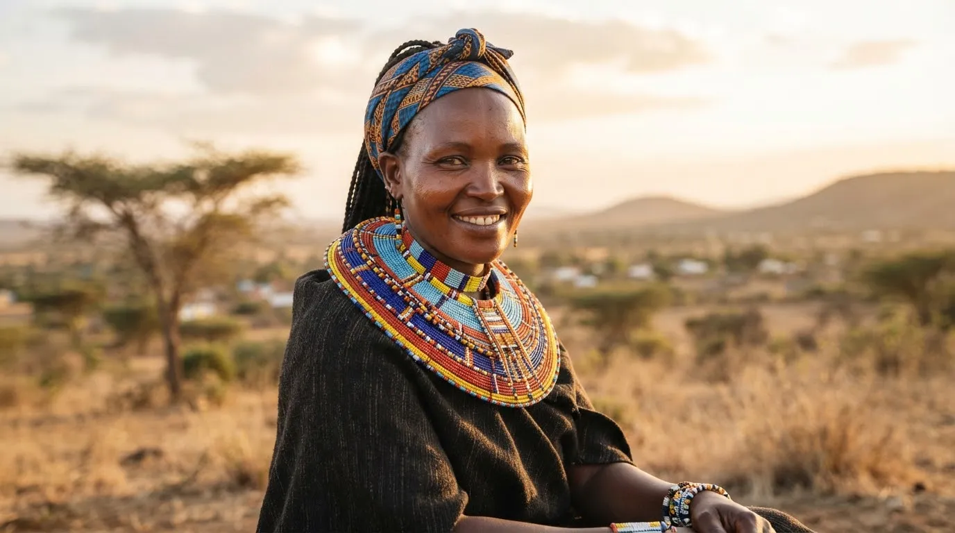 Editorial headshot portrait of Akiru Erot, a Turkana mother dressed in traditional beaded collar necklace and patterned headscarf, smiling warmly with serene dignity against the warm sun-drenched savannah landscape.