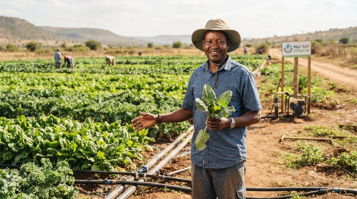 Documentary portrait of Mutua Musyoka, a smallholder farmer in Mutomo Kitui Kenya, standing proudly beside lush green crop rows wearing a sunhat with irrigation equipment visible in the warm sunlight.