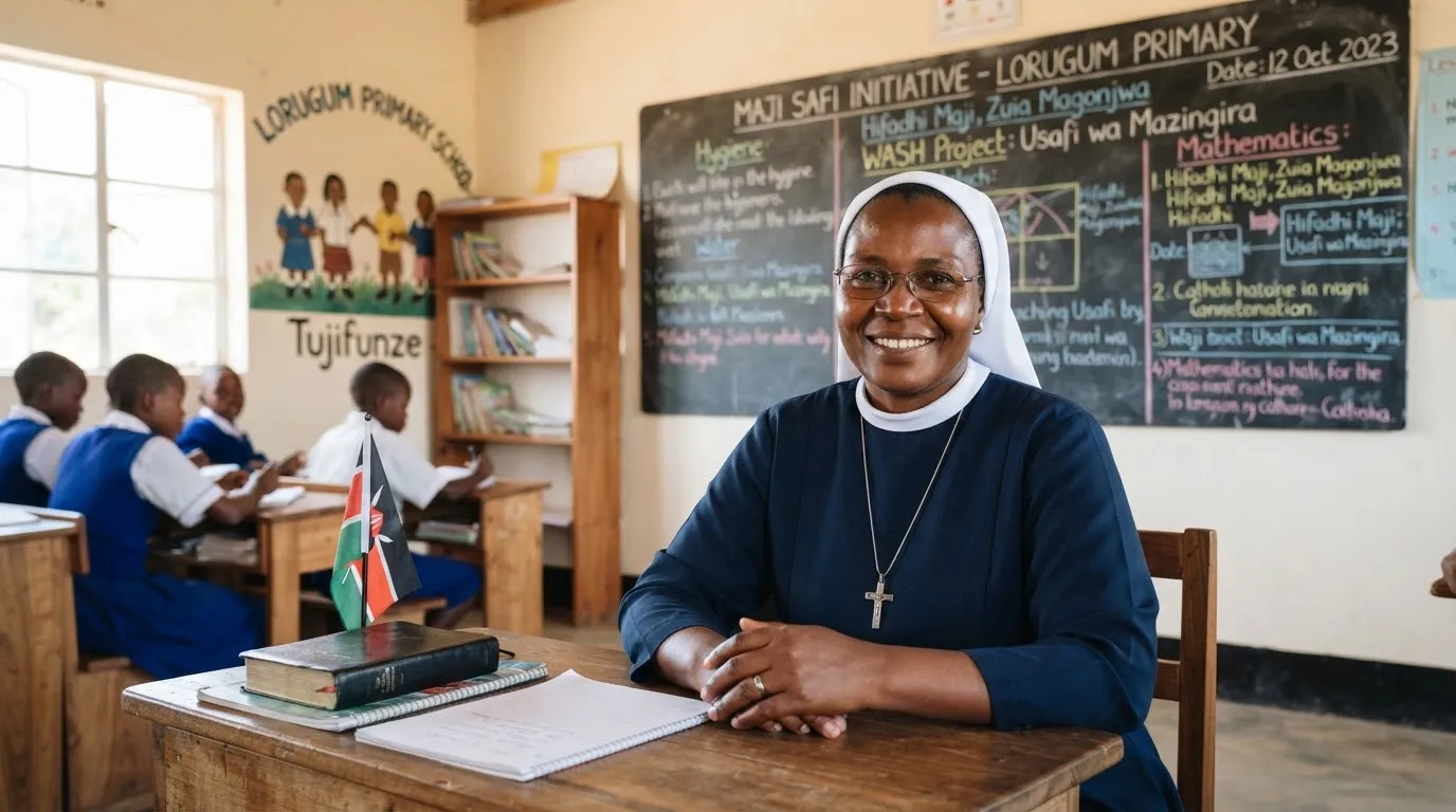 Respectful documentary portrait of Sister Agnes Moraa, a dedicated headmistress at Lorugum Primary School in Turkana Kenya, wearing a simple habit and glasses, with a bright school chalkboard in the background.
