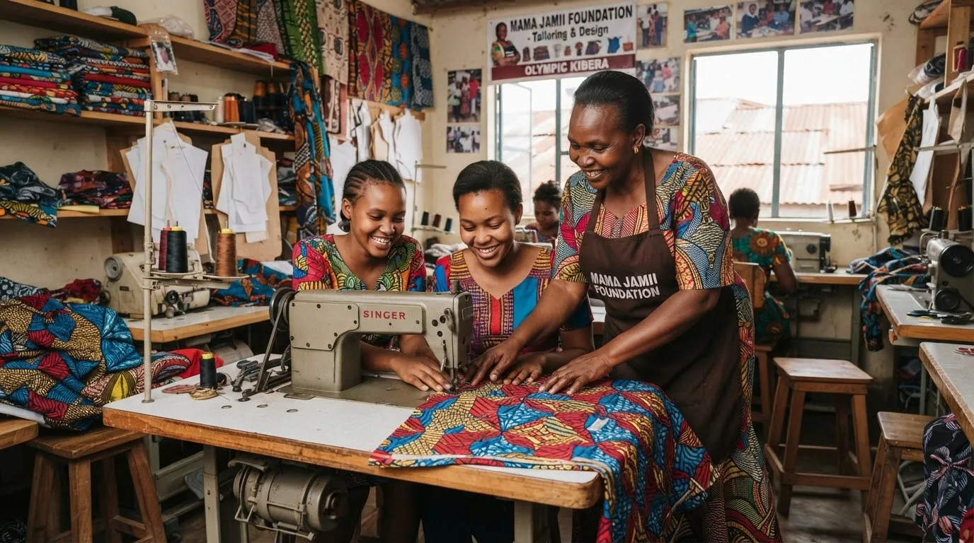 Editorial photograph inside a busy tailoring and design workshop in Olympic Kibera. Young Kenyan female trainees adjust vibrant Kitenge patterned fabric under the guidance of an experienced fundi instructor.
