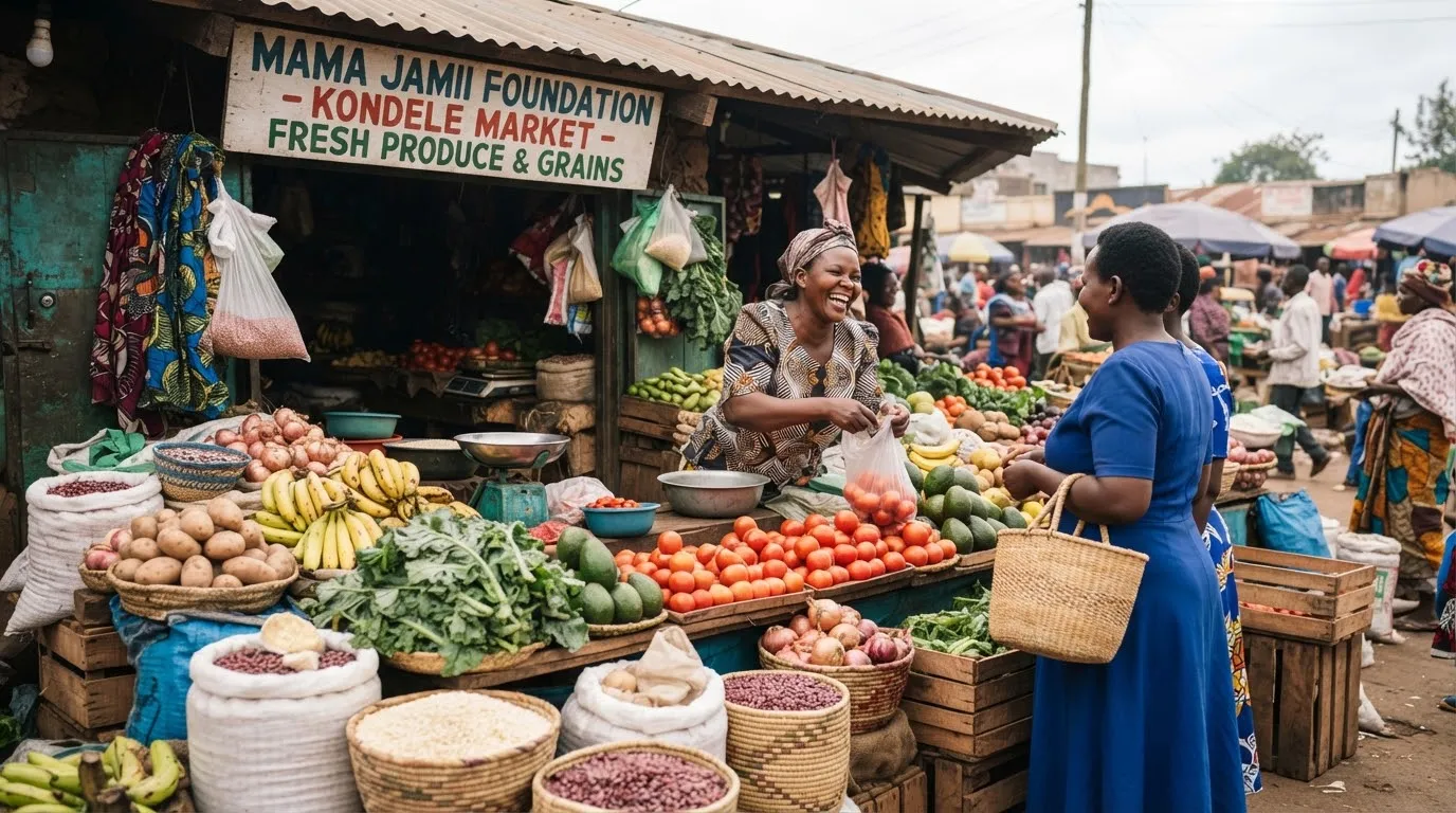 Documentary shot of a vibrant produce market stall in Kondele Kisumu filled with neatly arranged fresh vegetables, ripe fruits, and grains with a smiling Kenyan female trader actively interacting with market customers.