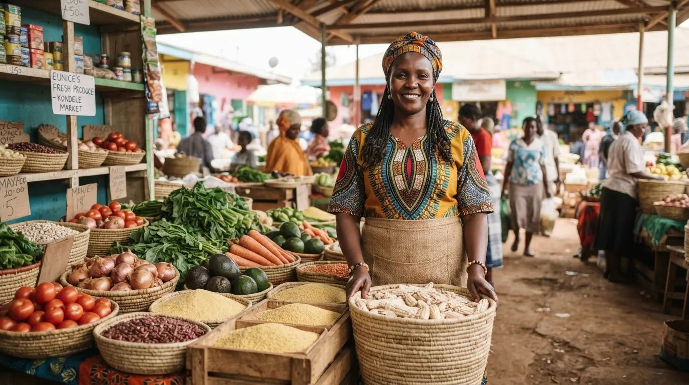 Editorial portrait of an empowered female small-scale trader at Kondele market in Kisumu, standing proudly with fresh agricultural produce and dry grain provisions organized neatly in handmade sisal baskets. The atmosphere is dignified, authentic, filled with bright natural daylight, reflecting genuine financial independence and enterprise leadership.