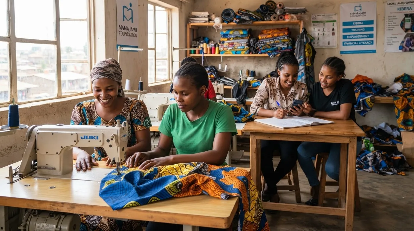Young Kenyan women vocational trainees actively learning professional industrial sewing and digital mobile bookkeeping in a bright workshop space in Olympic Kibera. The workspace features heavy-duty stitching equipment, rolls of patterned kitenge textiles, and smartphones running mobile till interfaces under warm ambient sunlight.