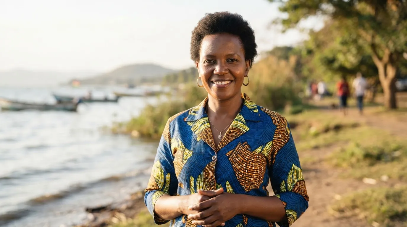 Dignified documentary headshot of Jane Achieng, an inspiring Kenyan businesswoman from Kondele Kisumu smiling warmly in natural sunlit outdoors with soft lakeside hues in background.