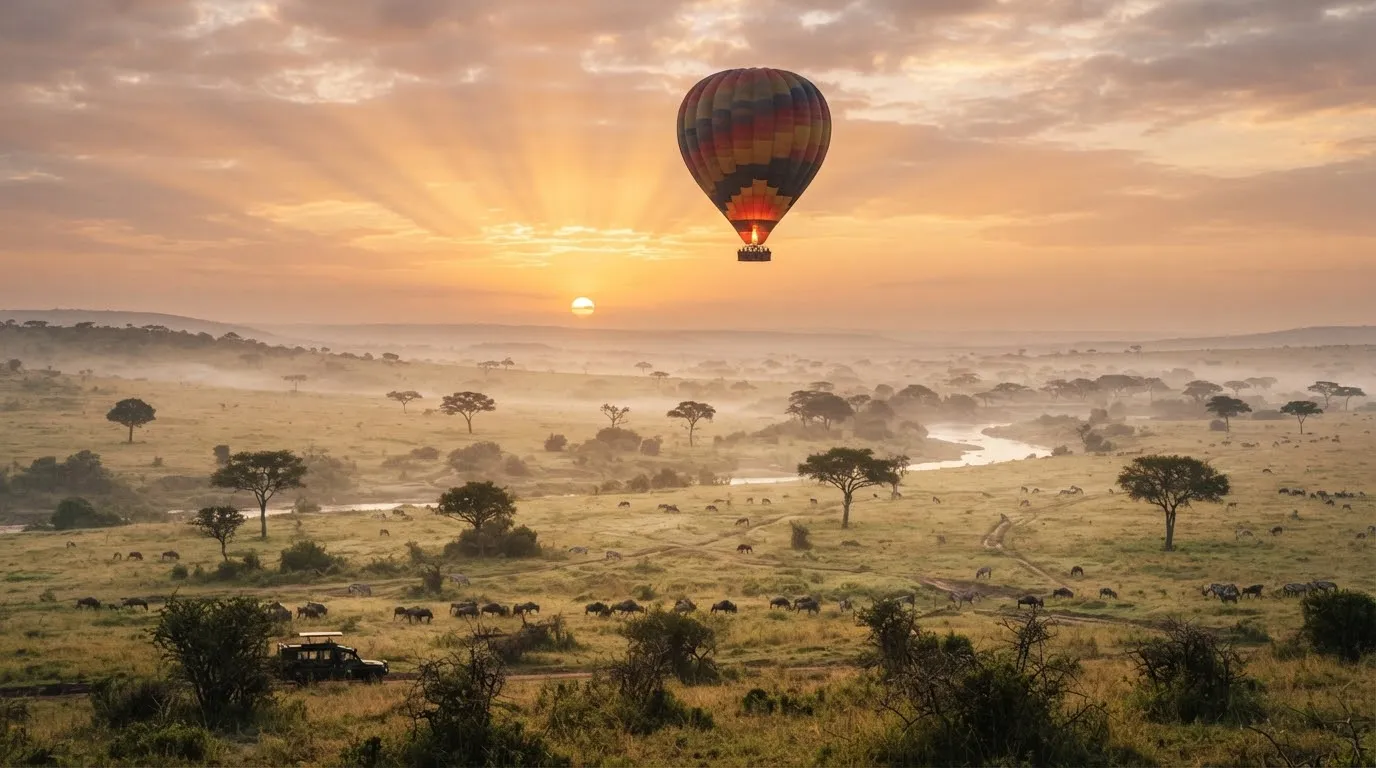 Hot air balloon floating at sunrise over Masai Mara plains