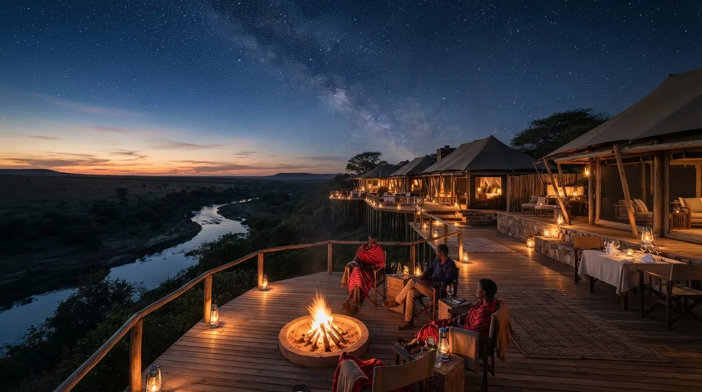 Ultra-luxury safari tented camp overlooking the Maasai Mara river at twilight