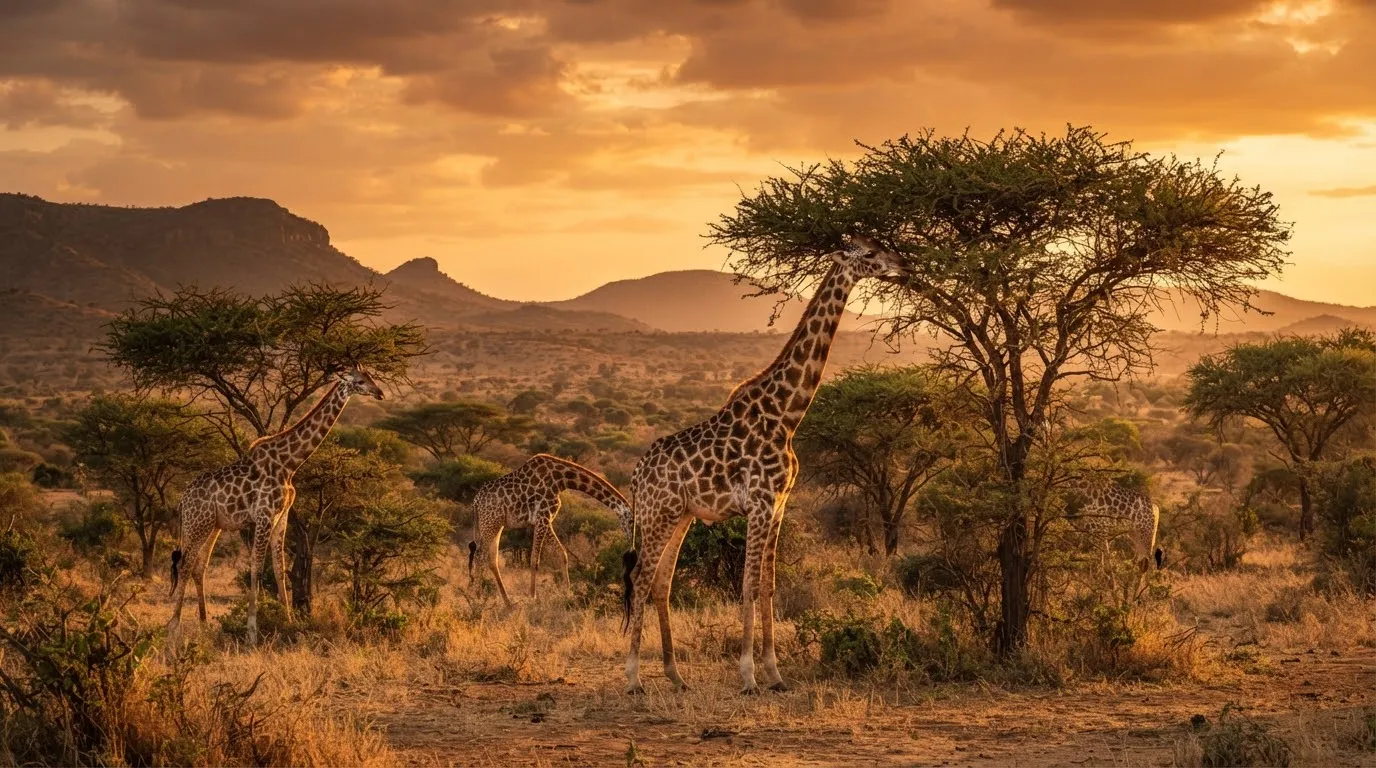 Reticulated giraffes standing among acacia trees in Samburu