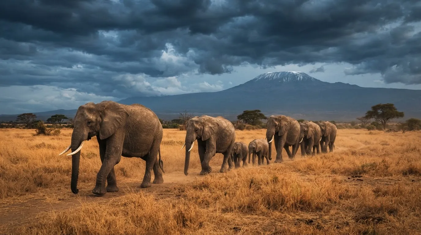 Elephant family herd walking in single file across golden savanna in Amboseli National Park with Mount Kilimanjaro
