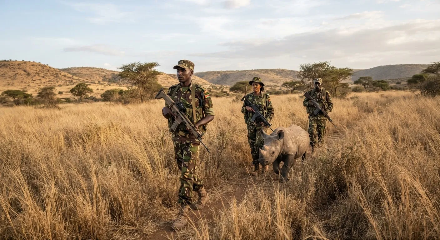 A detailed documentary action photograph of armed Kenyan wildlife rangers walking in single file through dry tall savanna grass on foot patrol alongside an endangered black rhino calf in Sera Conservancy Samburu.