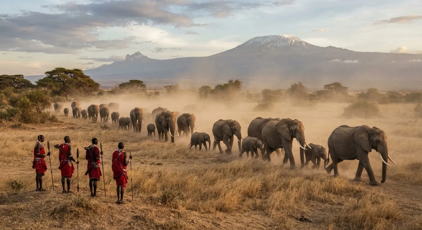 A documentary image of a massive herd of African savanna elephants with huge tusks walking in dust across dry plains with Mount Kilimanjaro in the distance watched over by traditional Maasai scouts.