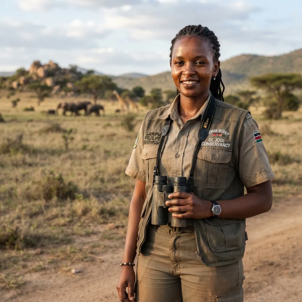 Portrait of a young Kenyan female wildlife research scout in khaki uniform with binoculars in Laikipia Kenya, warm confident expression, documentary photography