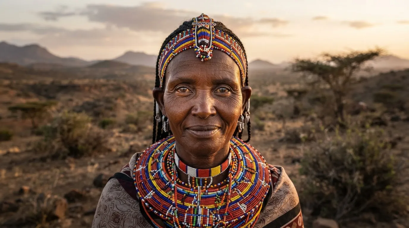 A dignified close-up portrait of an indigenous Samburu woman elder wearing traditional beaded head ornaments and necklace looking confidently forward against northern Kenyan arid background.