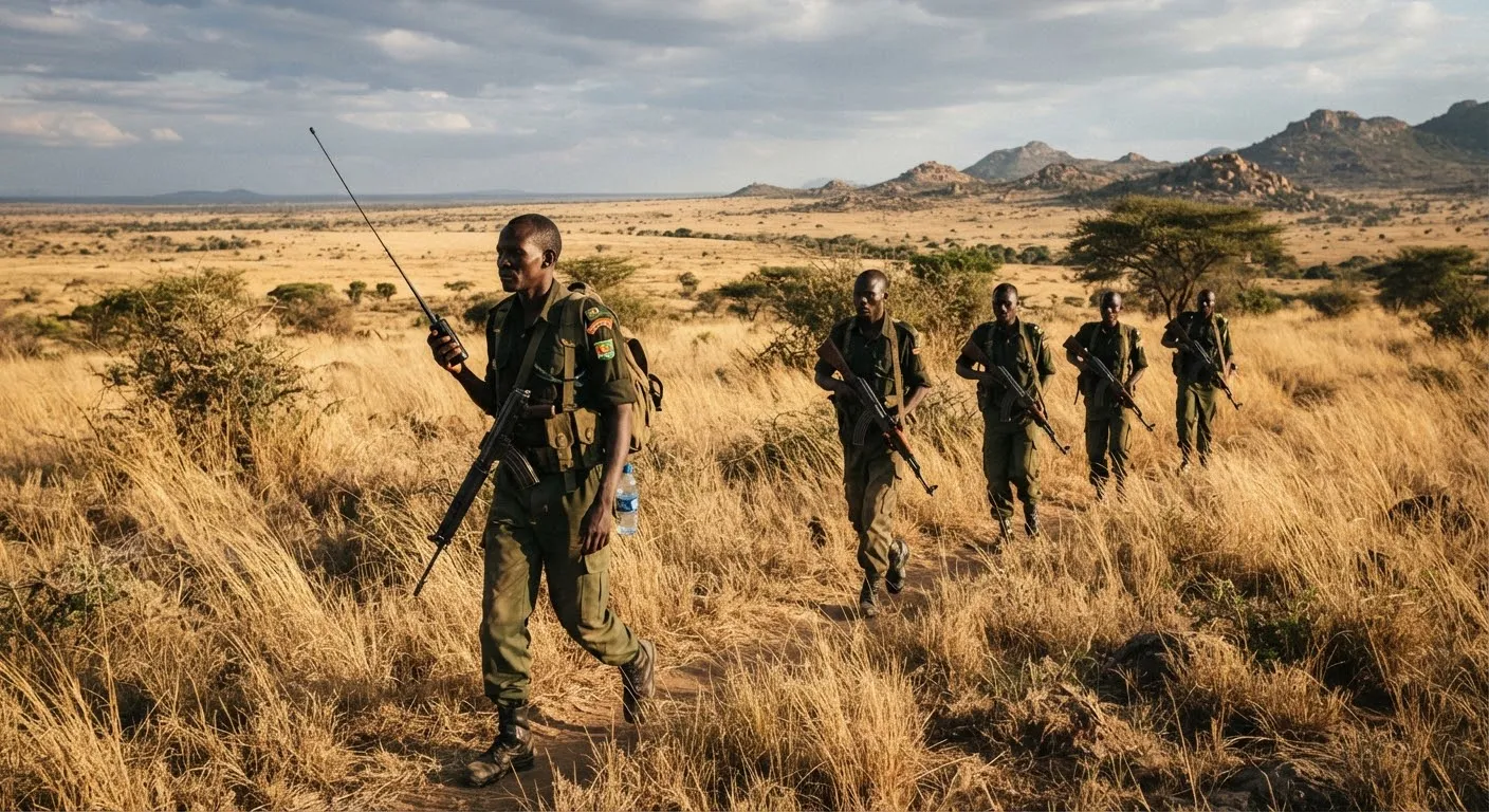 A documentary action shot of armed Kenyan wildlife rangers walking in single file across dry golden grass on foot patrol with radio antenna in Sera Conservancy.