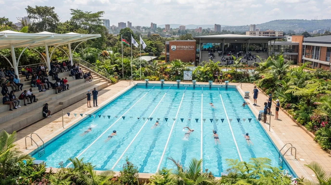 Sunlit Olympic-standard 25-meter heated outdoor swimming pool with pristine crystal cyan water surrounded by lush tropical landscaping and modern stadium spectator seating in Nairobi Kenya.