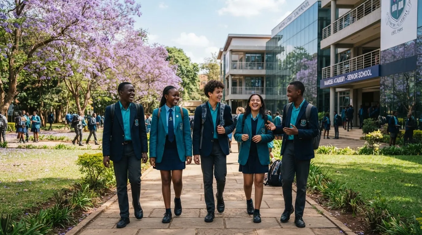 Diverse teenage students laughing together on green campus walkway in Nairobi