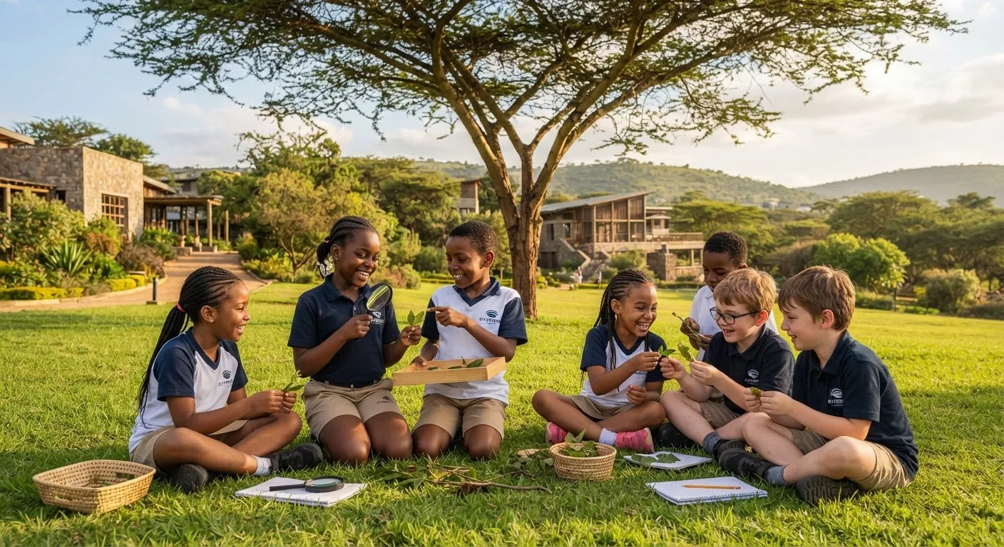 Playful young African and international children engaged in outdoor nature-based learning on green grass under acacia trees at an international school campus in Nairobi, joyful expressions, warm daylight, premium documentary style.