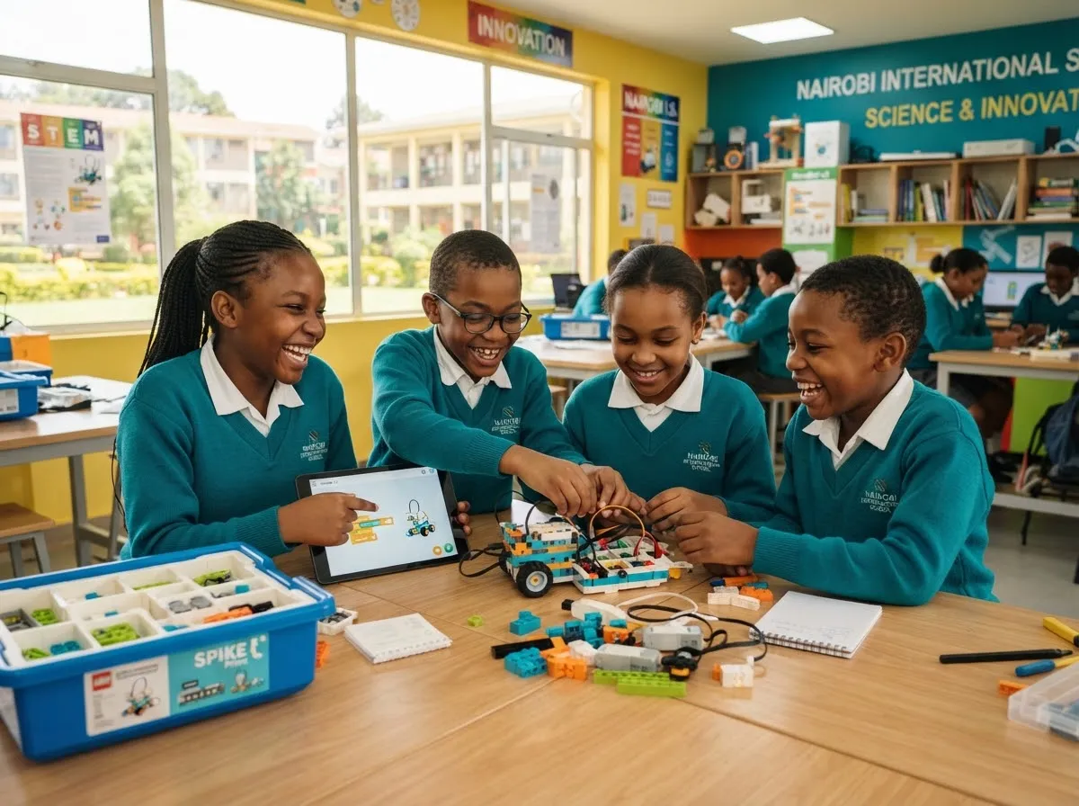 Primary school students building robotics and coding in Nairobi innovation classroom