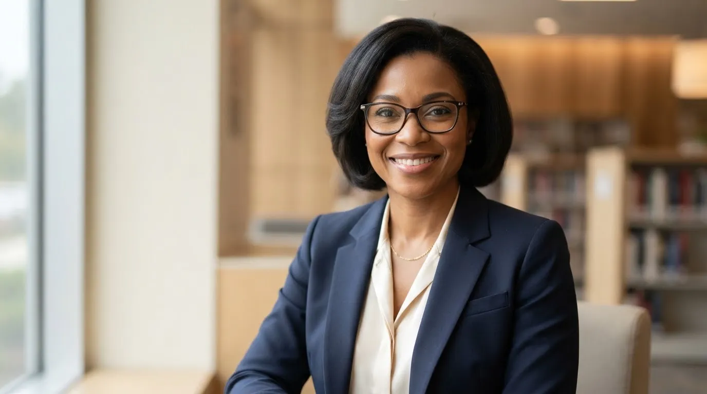 Headshot portrait of a professional African woman with a warm, confident smile, stylish glasses, wearing smart professional attire in soft natural light, warm neutral background.